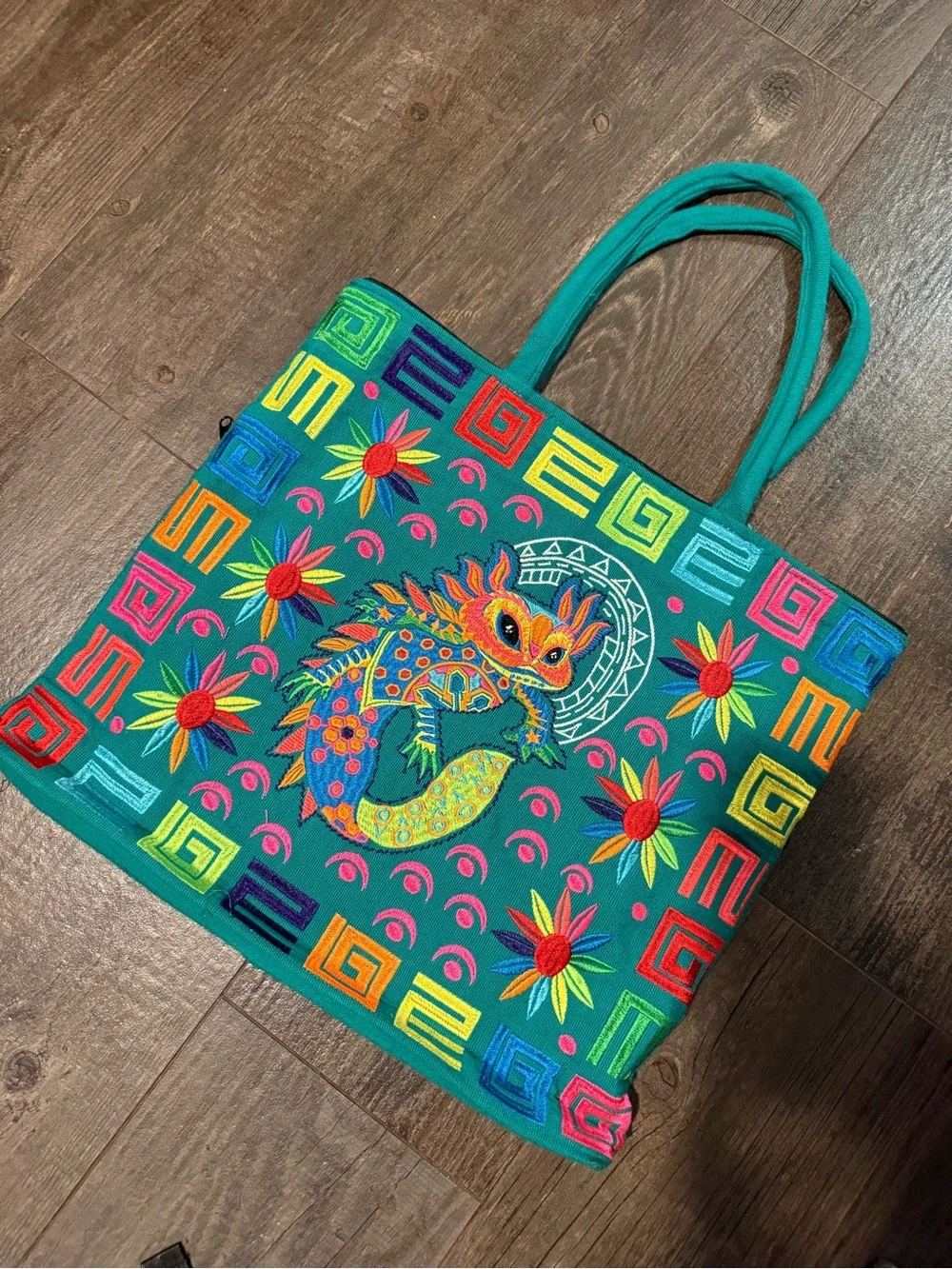 Embroidered Teal Tote Bag with Colorful Mythical Creature Motif